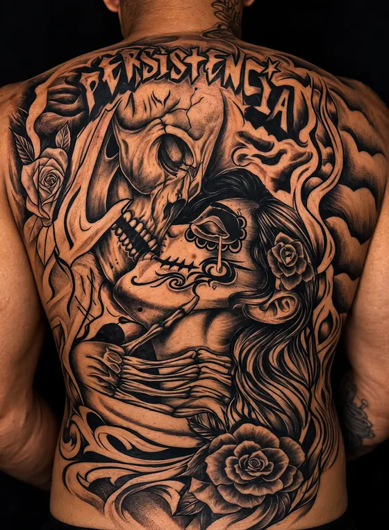 Costas fechada com lettering PERSISTÊNCIA e caveira