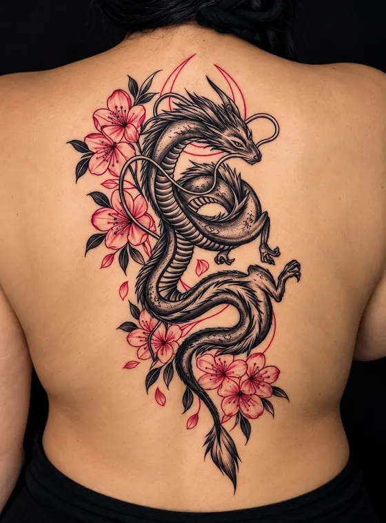 Dragão com flores de cerejeira em vermelho nas costas
